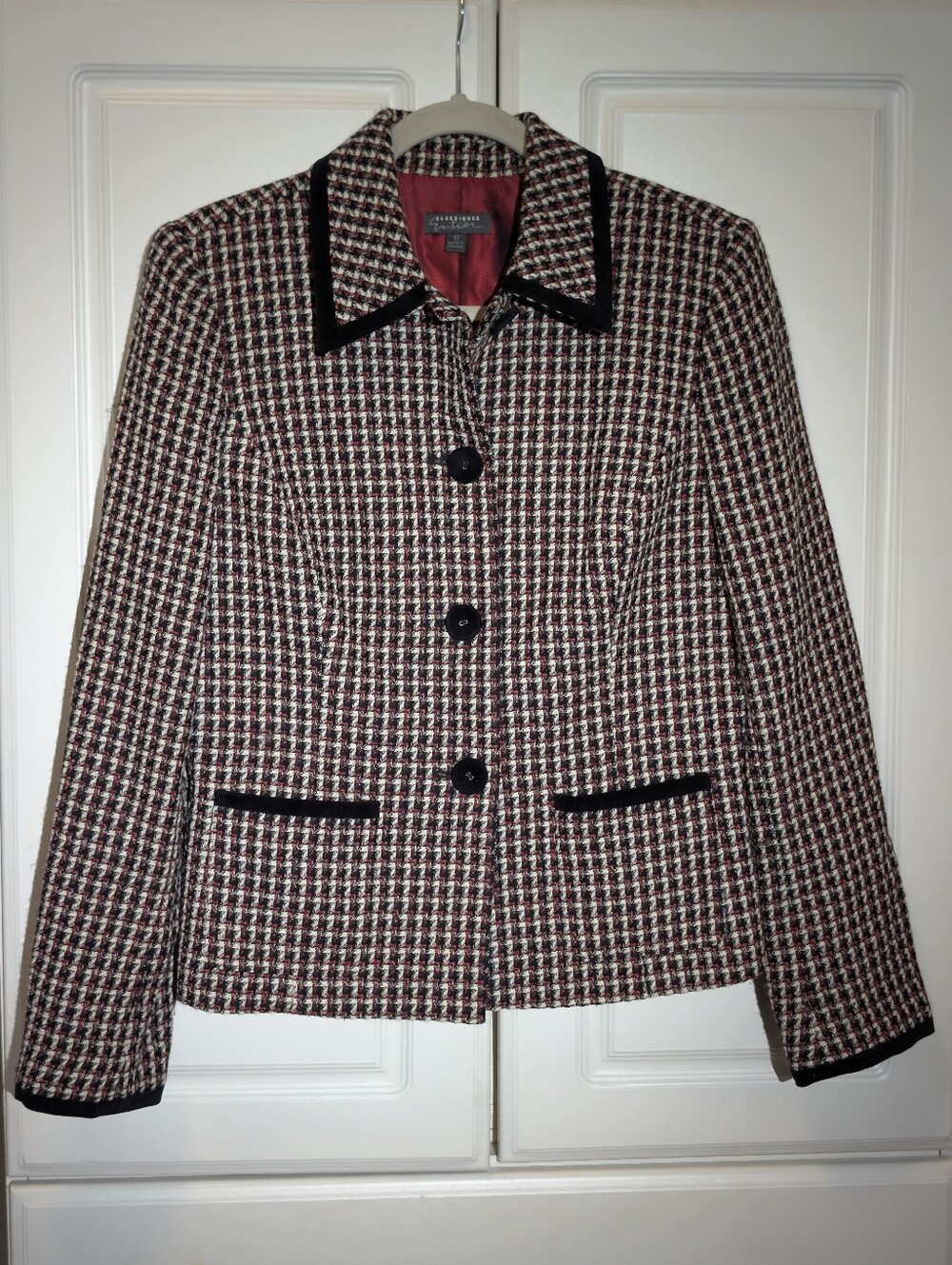 Women's Blk/What/Red Houndstooth French Jacket With Velvet Trim 100% Wool 12